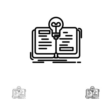 Kitap, Fikir, Roman, Hikaye Kalın ve ince siyah çizgi simge seti