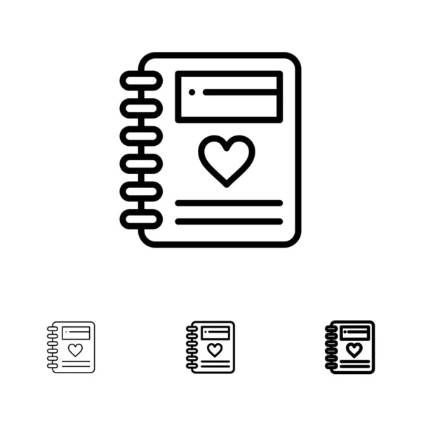 Notebook, liefde, hart, bruiloft vet en dun zwarte lijn icon set — Stockvector