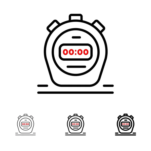 Timer, stopwatch, horloge, vet en dunne zwarte lijn icon set — Stockvector
