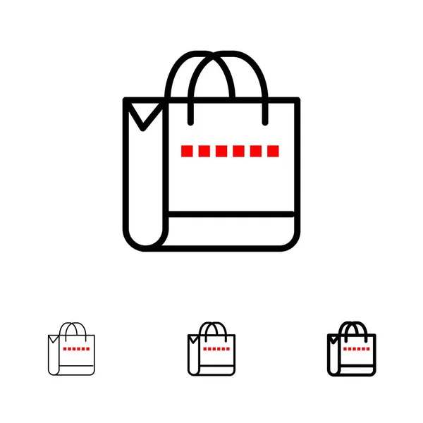 Tas, handtas, winkelen, Shop vet en dunne zwarte lijn icon set — Stockvector