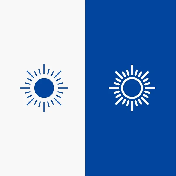 태양, 일출, 일몰 라인 및 Glyph 고체 아이콘푸른 깃발 — 스톡 벡터