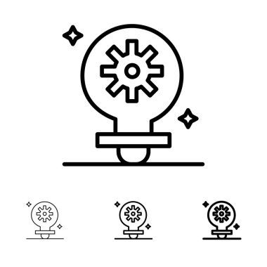 Ampul, ışık, ayar, dişli kalın ve ince siyah çizgi simge seti