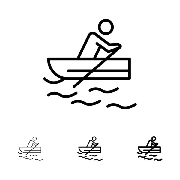 Båt, rodd, träning, vatten fet och tunn svart linje Ikonuppsättning — Stock vektor