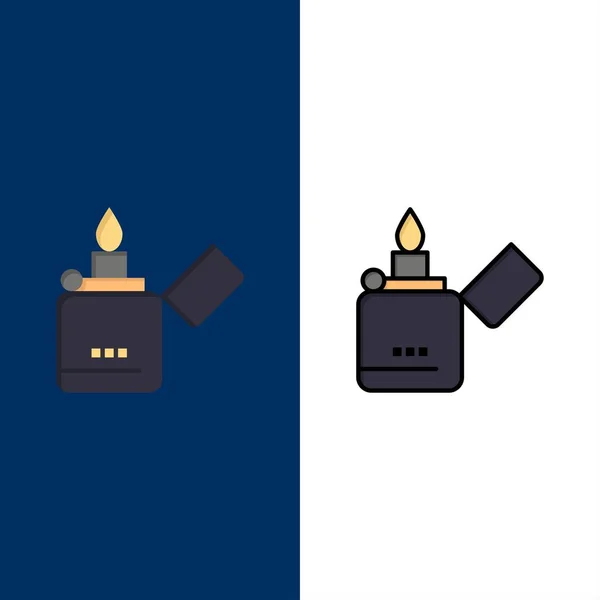 Eld, tändare, rökning, Zippo-ikoner. Flat och linje fylld ikon — Stock vektor