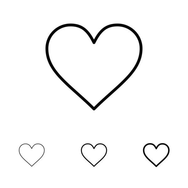 Corazón, Amor, Me gusta, Twitter Negrita y delgada línea negra icono conjunto — Vector de stock