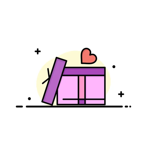 กล่องของขวัญ, หัวใจ, โลโก้ธุรกิจความรัก สีแบน — ภาพเวกเตอร์สต็อก