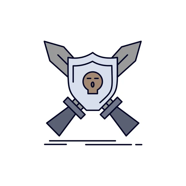 Badge, emblem, game, shield, swords Flat Color Icon Vector — Stock Vector