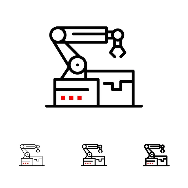 Zautomatyzowane, robotyczne, ramię, technologia pogrubienie i cienka Czarna linia ICO — Wektor stockowy