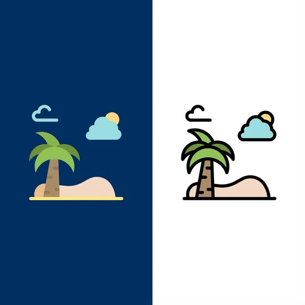 Strand, Palm, träd, våren ikoner. Ikonuppsättning för plan och linje fyllning — Stock vektor