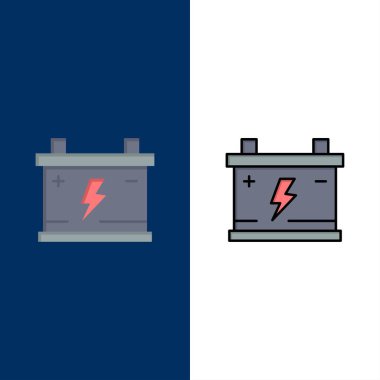 Akümülatör, Akü, Güç, Araba Simgeleri. Düz ve Hat Dolgulu Ic