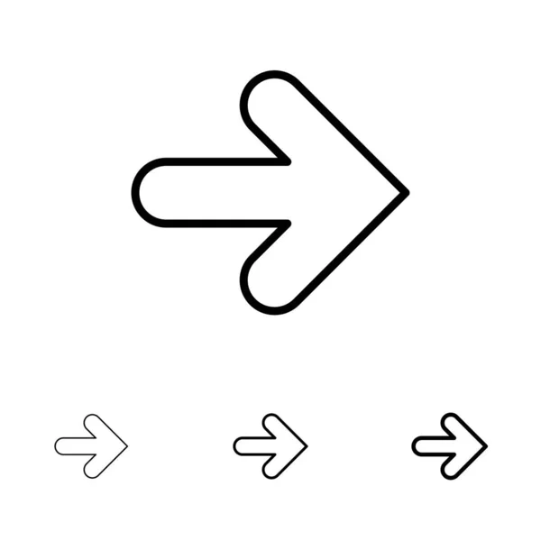 Pfeil, vorwärts, Pfeile, rechts fett und dünne schwarze Linie Icon-Set — Stockvektor