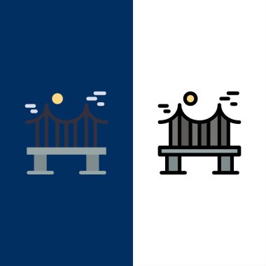 Karşıya, Köprü, Metal, Nehir, Yol Simgeleri. Düz ve Hat Dolu 