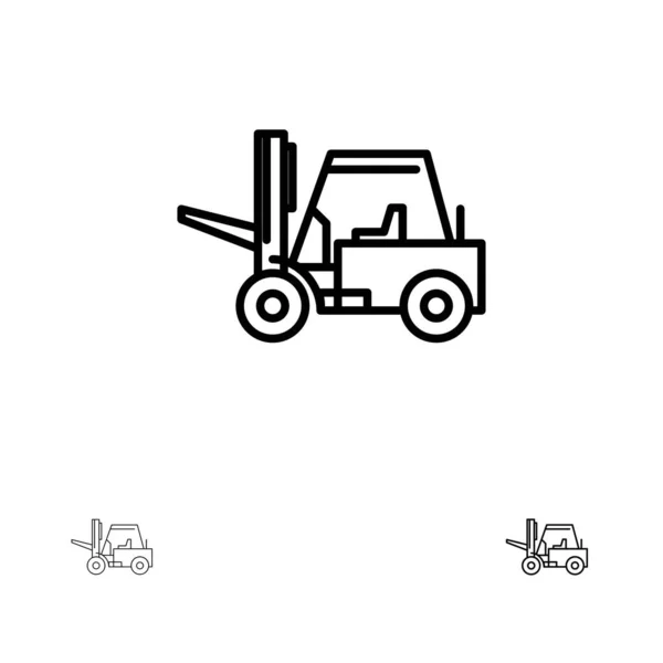 Podnośnik, podnoszenia, ciężarówka, transport pogrubienie i cienka Czarna linia ikona — Wektor stockowy