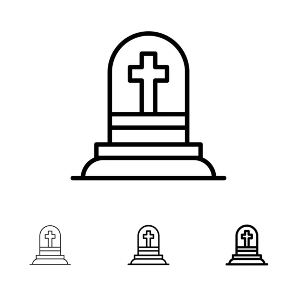 Muerte, Tumba, Lápida, Desgarre Desnuda y delgada línea negra icono conjunto — Vector de stock