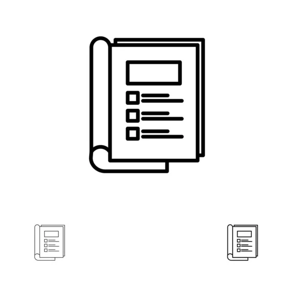 Boek, bundel, lay-out, rapport vet en dunne zwarte lijn icon set — Stockvector