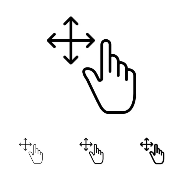 Dedo, gesto, mantener Negrita y delgada línea negra icono conjunto — Vector de stock