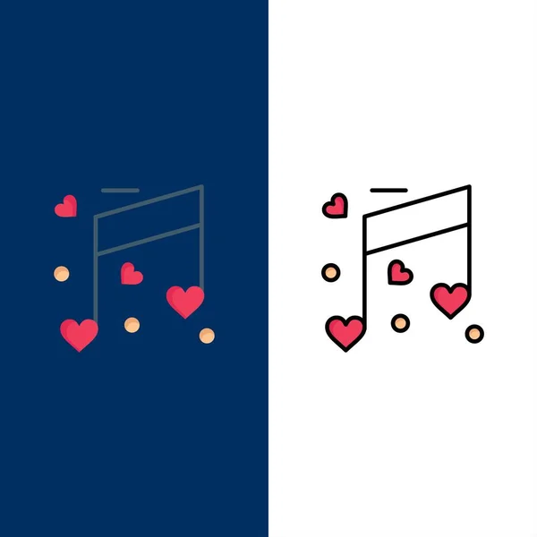 Musik, kärlek, hjärta, bröllop ikoner. Platt och linje fylld ikon se — Stock vektor