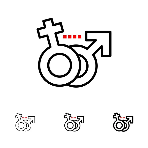 Género, Hombre, Mujer, Símbolo Conjunto de iconos de línea negra audaz y delgada — Archivo Imágenes Vectoriales