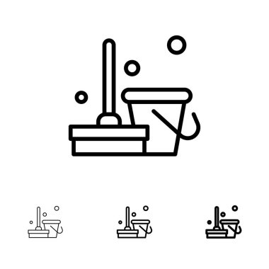 Süpürge, Temiz, Temizleme, Süpürme Kalın ve ince siyah çizgi simgesi seti