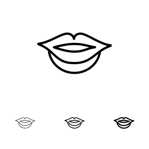 Läppar, Girl fet och tunn svart linje ikon uppsättning — Stock vektor