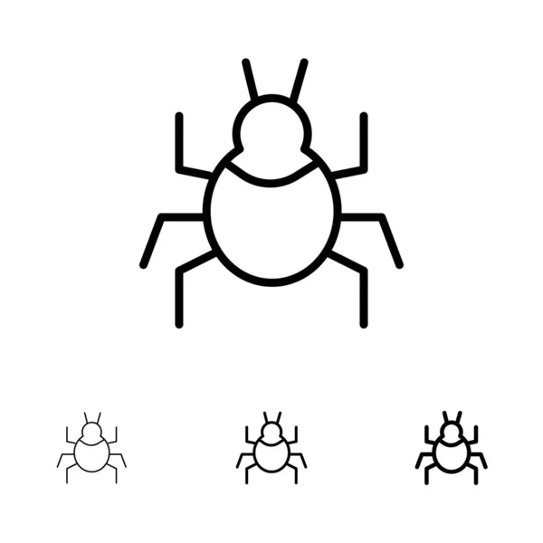 Bug, Natureza, Vírus, Indiana Negrito e fino conjunto de ícones de linha preta — Vetor de Stock