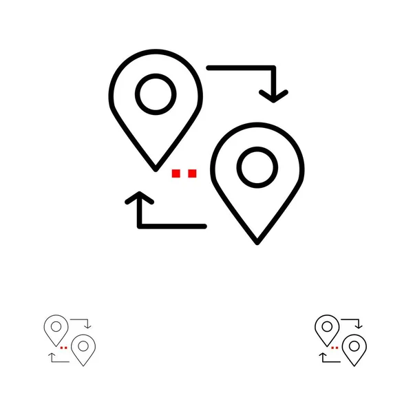 Locatie, kaart, pointer, reizen vet en dunne zwarte lijn icon set — Stockvector