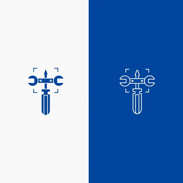 Instelling, versnelling, moersleutel, schroef lijn en glyph Solid icon blauwe Bann — Stockvector