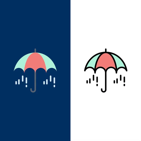 Parapluie, pluie, temps, icônes de printemps. Plat et ligne rempli Ico — Image vectorielle
