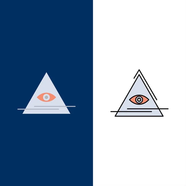 Oog, Illuminati, piramide, driehoek iconen. Plat en lijn gevuld — Stockvector