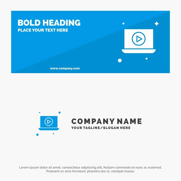 Ordinateur portable, lecture, vidéo Bannière de site Web SOlid Icon et logo d'entreprise — Image vectorielle