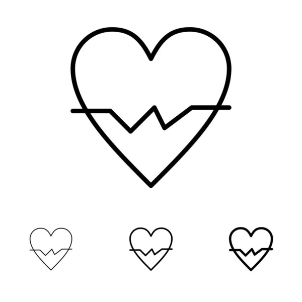 Hjärta, kärlek, Beat, hud fet och tunn svart linje Ikonuppsättning — Stock vektor