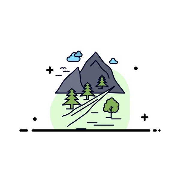 Rocas, árbol, colina, montaña, naturaleza Color plano Icono Vector — Vector de stock