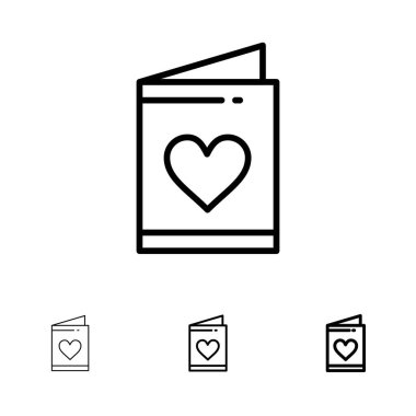 Kart, Aşk, Düğün, Kalp Kalın ve ince siyah çizgi simge seti