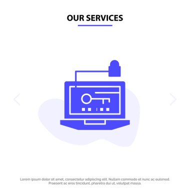 Hizmetlerimize Erişim, Bilgisayar, Donanım, Anahtar, Laptop Solid Glyph Icon Web kartı Şablonu