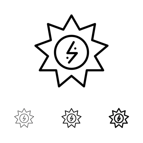 Energia, Słońce, Energia, Moc Śmiały i cienka czarna linia zestaw ikon — Wektor stockowy