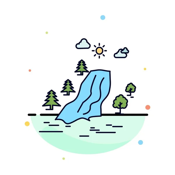 Wodospad, drzewo, ból, chmury, natura płaski kolor ikona wektor — Wektor stockowy