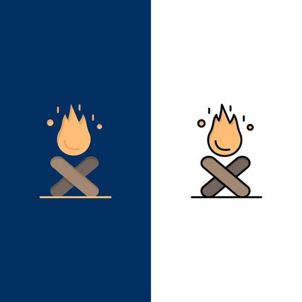 Bonfire, Campfire, kempování, požární ikony. Plochá a vyplněná čára — Stockový vektor