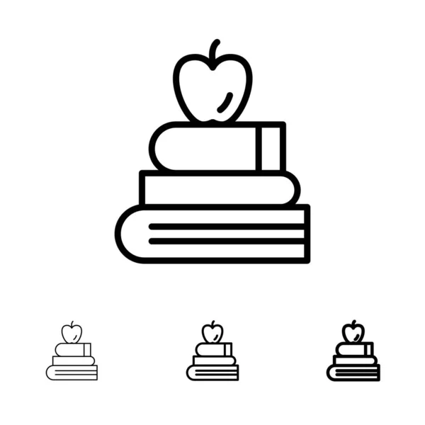 Jabłko, książki, edukacja, nauka pogrubienie i cienka Czarna linia ikona s — Wektor stockowy