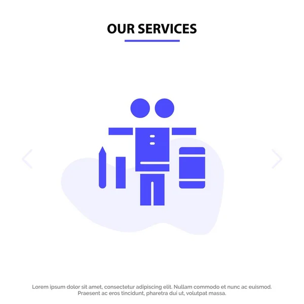 Nuestros Servicios Equilibrio, Vida, Juego, Trabajo Solid Glyph Icon Tarjeta Web — Vector de stock