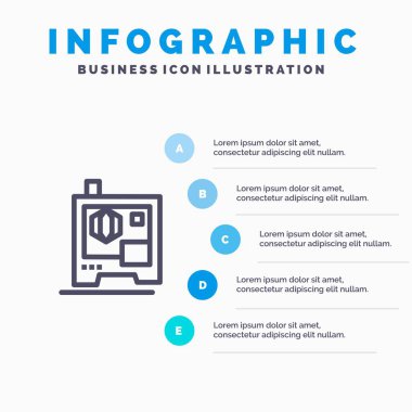 Yazıcı, baskı, 3D, tarayıcı mavi Infografik şablonu 5 adım
