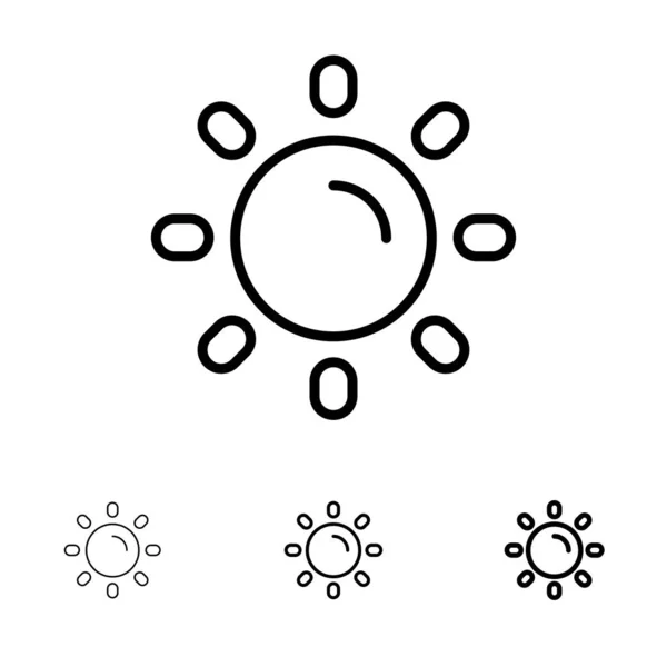 明るさ、光、太陽、輝く太字と細い黒線アイコンセット — ストックベクタ