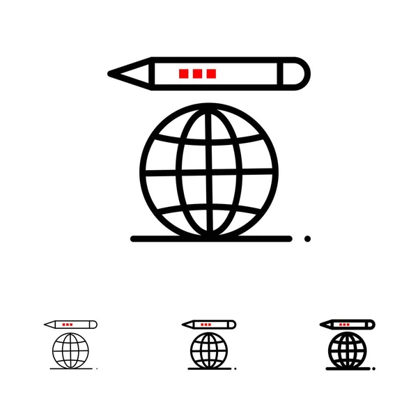 Svět, glóbus, tužka tučně a tenká černá čára sada ikon — Stockový vektor
