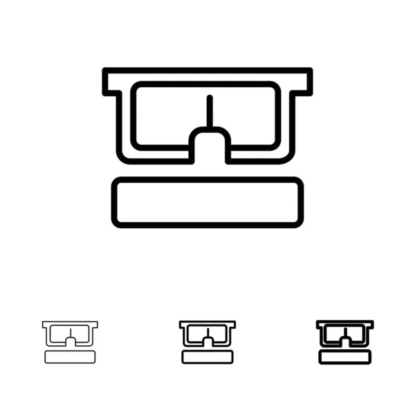 Virtuella, Glasögon, medicinsk, öga fet och tunn svart linje Ikonuppsättning — Stock vektor