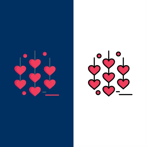 Coeur, amour, icônes de chaîne. Ensemble d'icônes rempli plat et ligne vectoriel — Image vectorielle