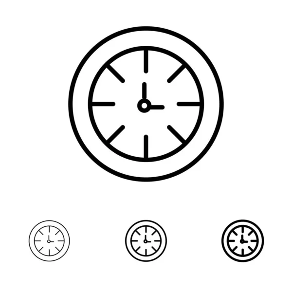 Uhr, Timer, Uhr, globale fett und dünne schwarze Linie Icon Set — Stockvektor