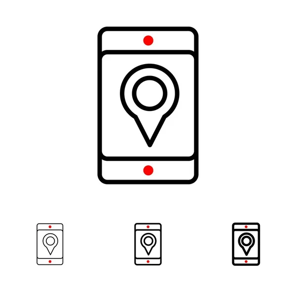 Mobiel, cel, kaart, locatie vet en dunne zwarte lijn icon set — Stockvector