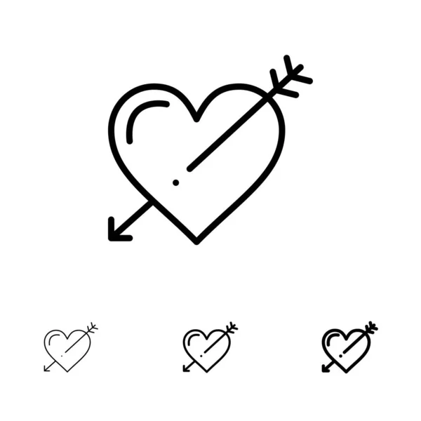 Hjärta, pil, helgdagar, kärlek, Valentine fet och tunn svart linje — Stock vektor
