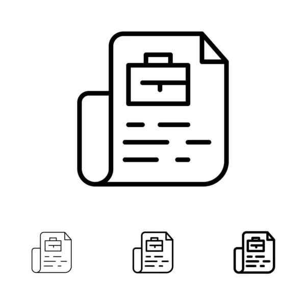 Document, job, bestand, tas vet en dunne zwarte lijn icon set — Stockvector