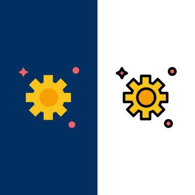 Dişli, Ayar, Dişli Simgeleri. Düz ve Çizgi Dolu Simge Seti Vektör