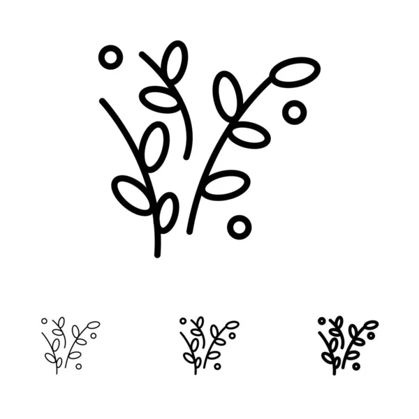 Hoja, Naturaleza, Planta, Primavera Negrita y delgada línea negra icono conjunto — Vector de stock